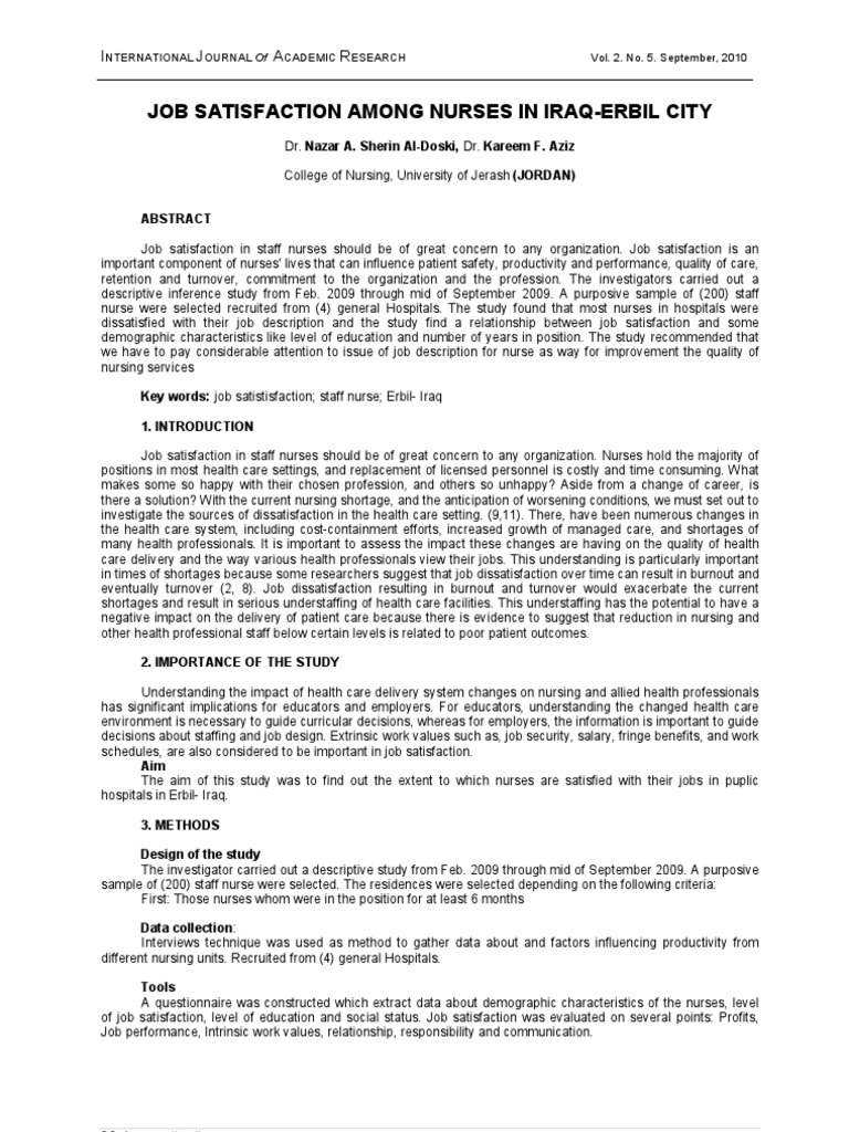 Job Satisfaction of Nurses in Erbil | PDF | Job Satisfaction | Employment