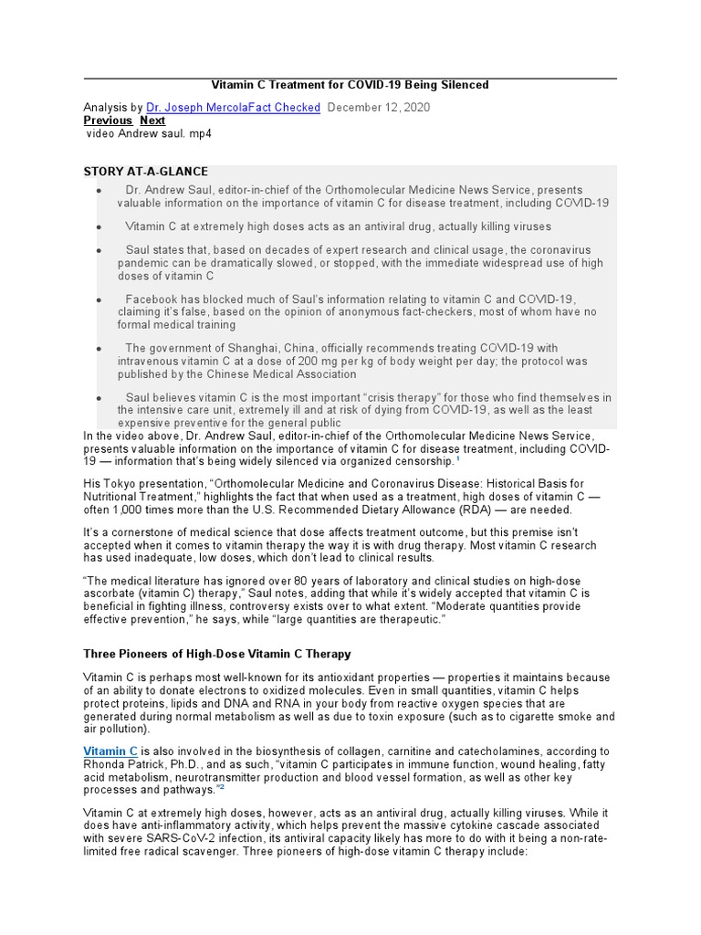 Vitamin C Treatment For COVID PDF Vitamin C Dose (Biochemistry)