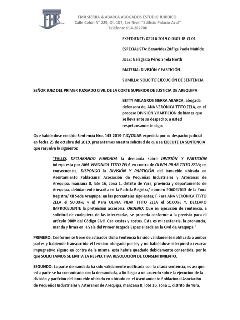 Solicitud de Ejecución de Sentencia Civil | PDF | Sentencia (ley) | Subasta