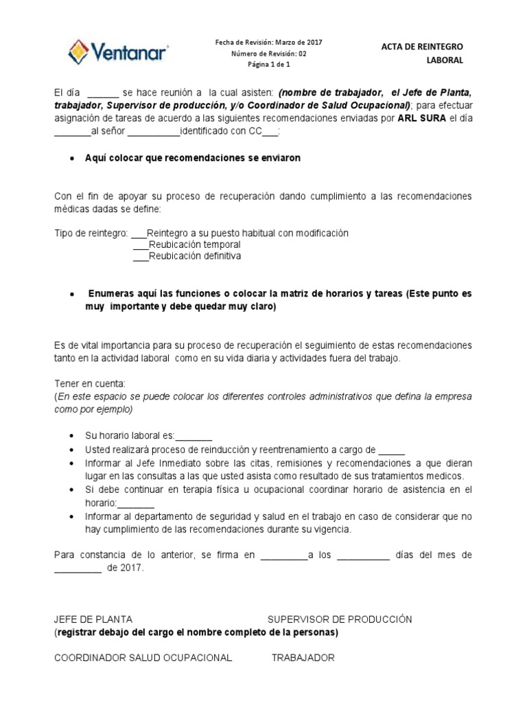 Acta de Reintegro Laboral 2017 | PDF | Crecimiento personal y profesional