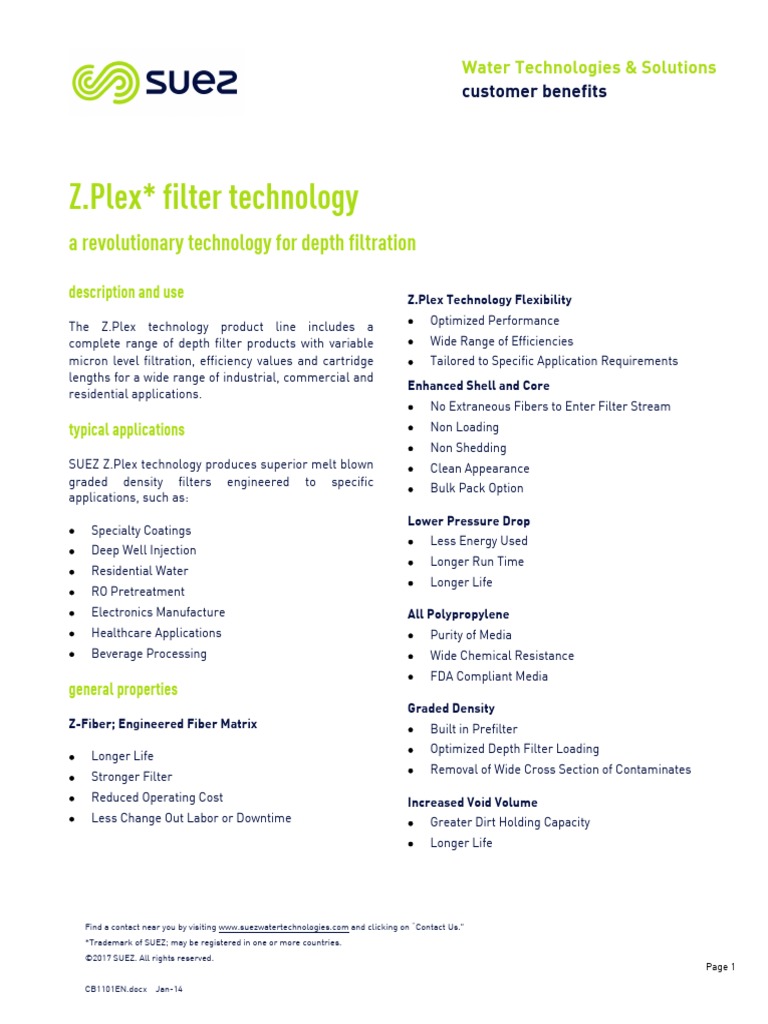 Benefits of SUEZ ZPLEX Filters CB1101EN PDF Filtration Chemical