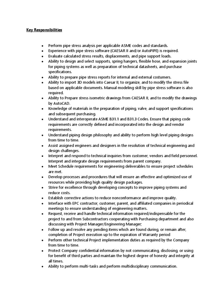 Key Responsibilities of Piping Stress Engineer PDF Pipe (Fluid