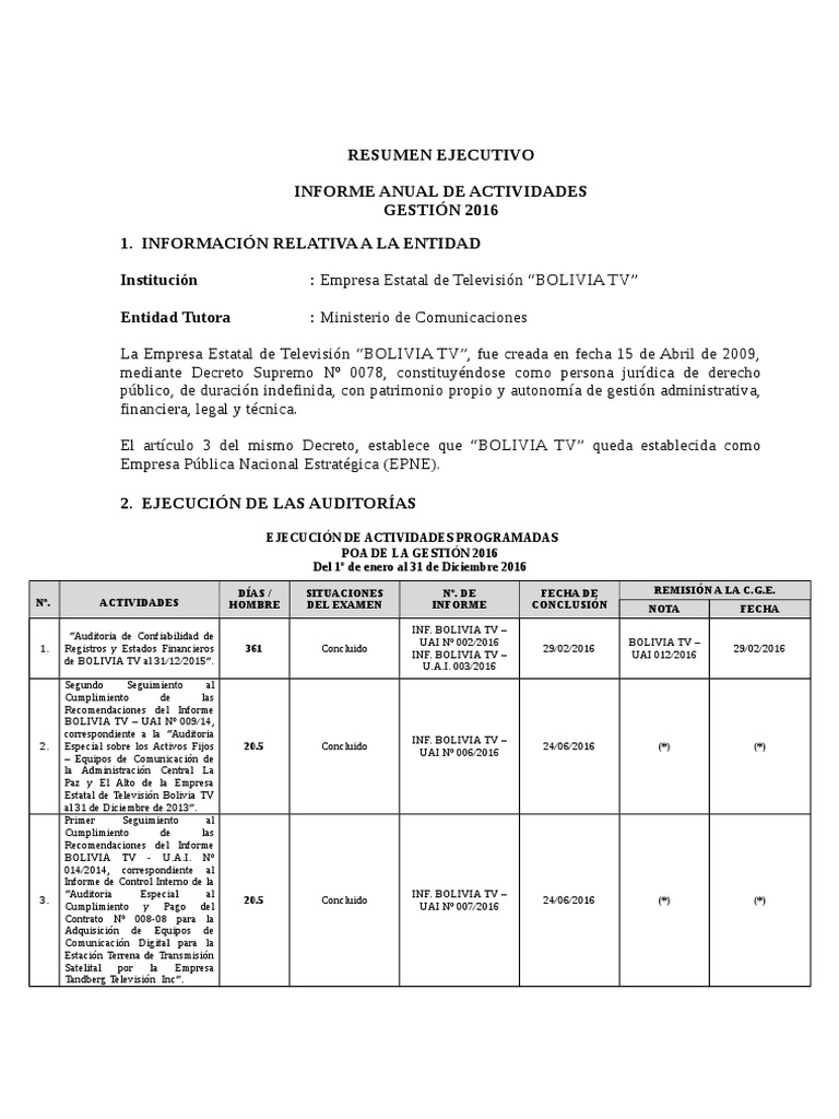 Informe Ejecutivo de Auditoria 2016 | PDF | Auditoría