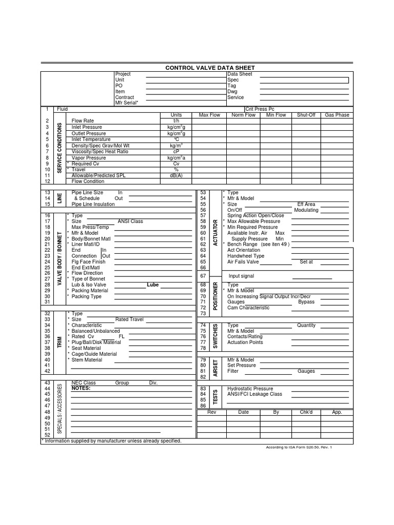 Control Valve Data Sheet ISA S20 | PDF | Valve | Gas Technologies