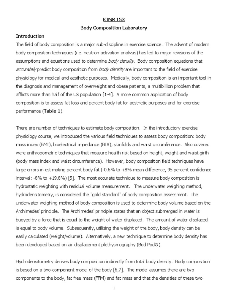 KINS 153 Body Composition Laboratory PDF Body Mass Index Metrology