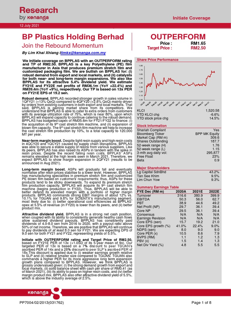 BP Plastics Holding Berhad Outperform PDF Dividend Packaging And