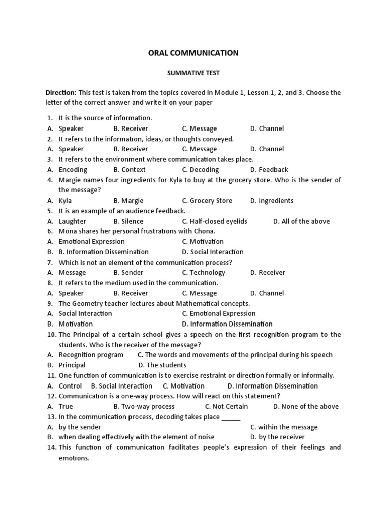 Oral Communication Summative Test | PDF | Communication | Information