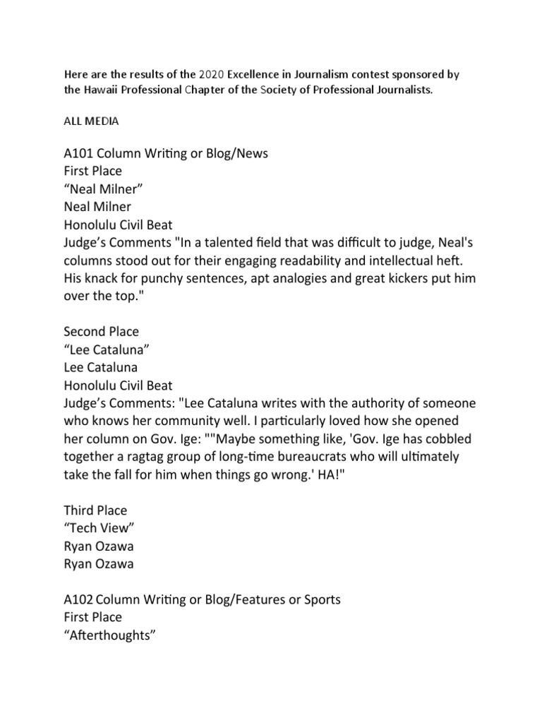 SPJ Hawaii Contest Winners PDF Hawaii Honolulu