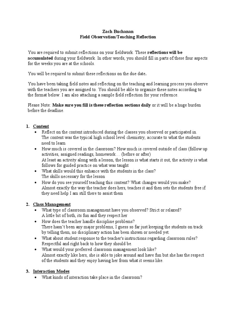 Fieldwork Reflection on Classroom Dynamics | PDF | Teachers | Classroom