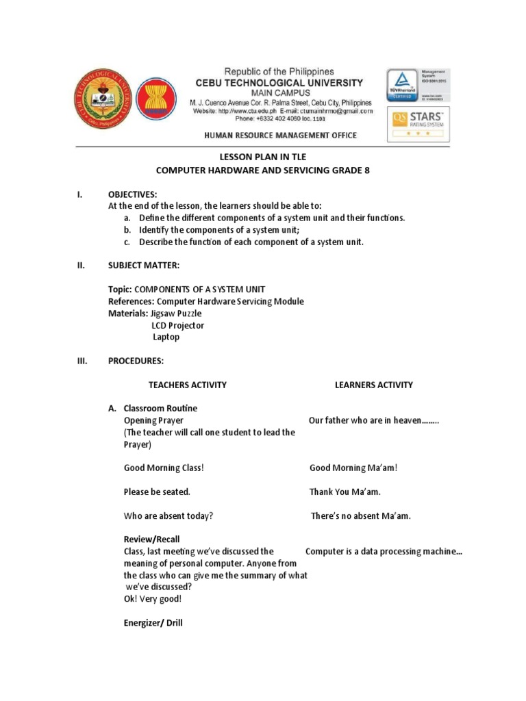 Grade 8 Computer Hardware Lesson Plan | PDF | Computer Data Storage ...