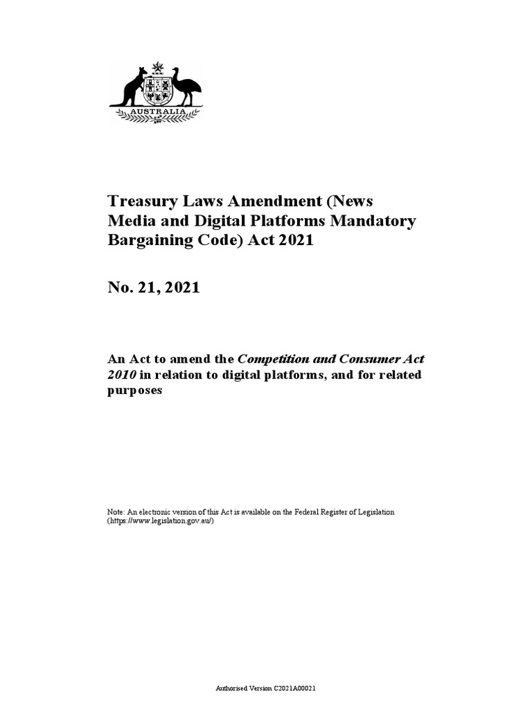 Treasury Laws Amendment (News Media and Digital Platforms Mandatory