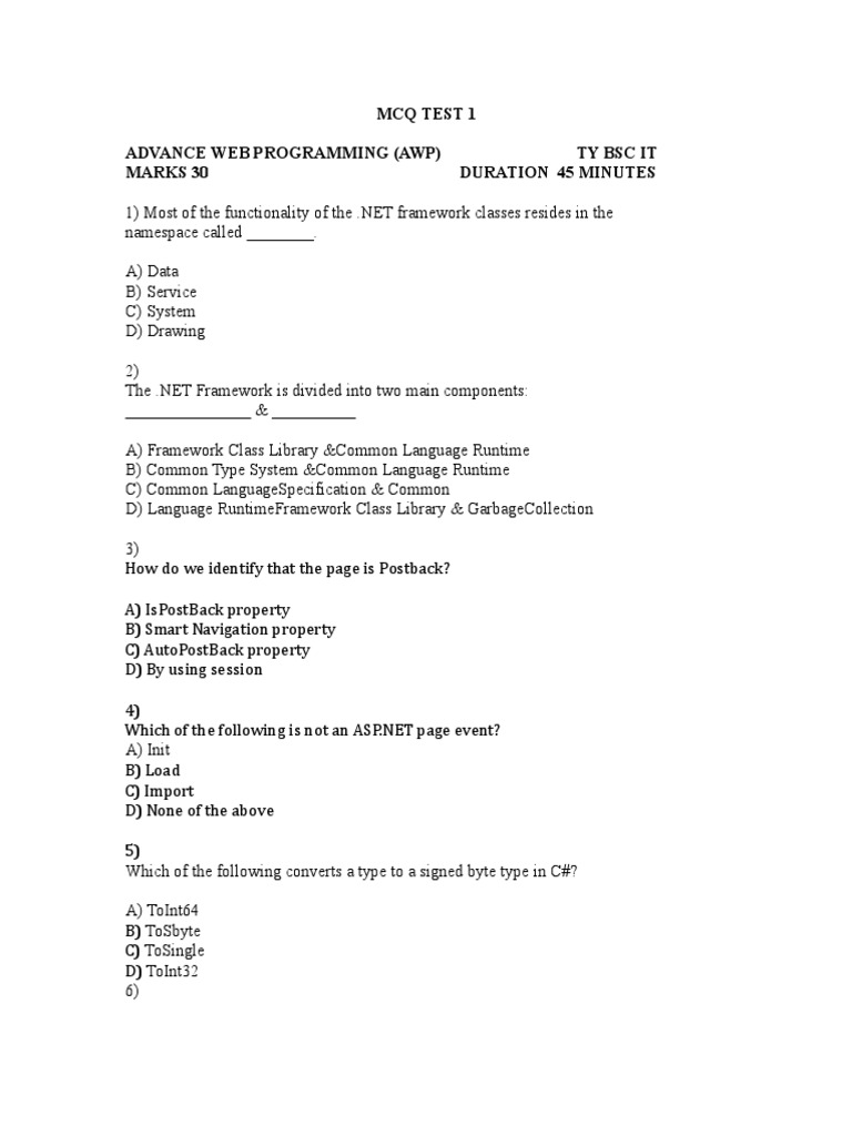 AWP MCQ TEst 1 2021-22 | PDF | Library (Computing) | C Sharp ...