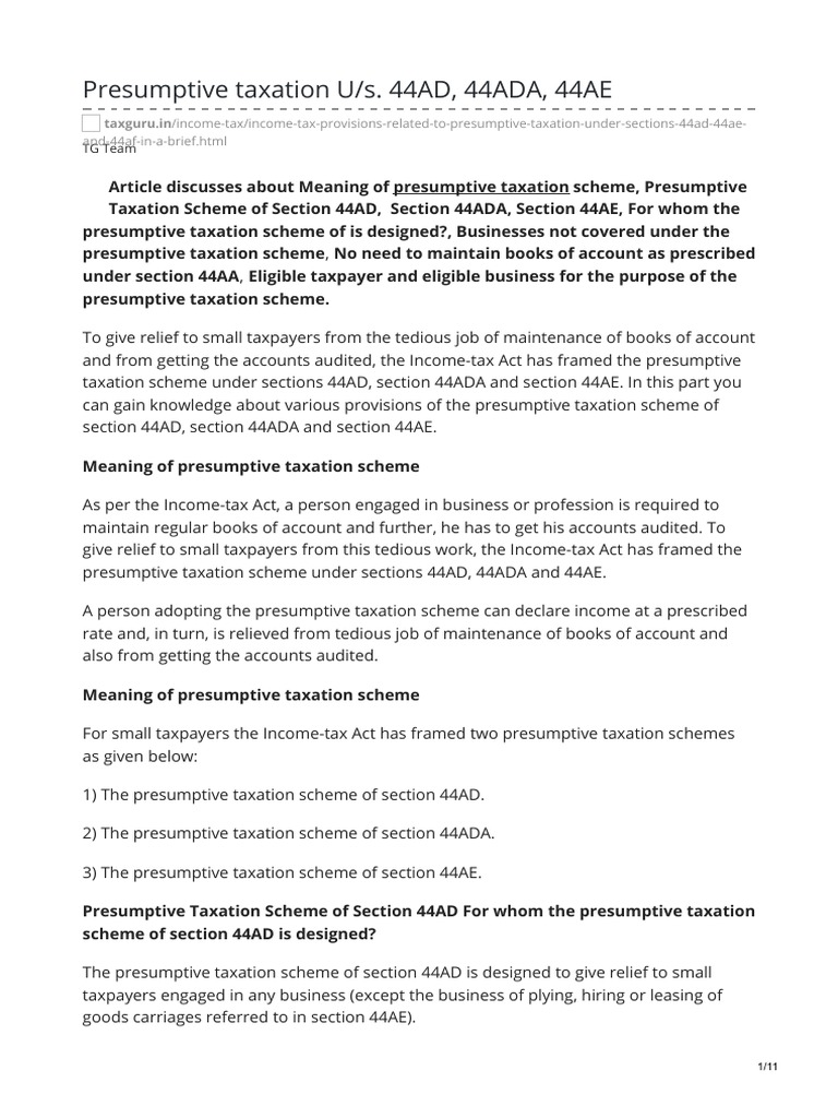 Presumptive Taxation Under Sections 44AD, 44ADA, 44AE | PDF | Tax ...