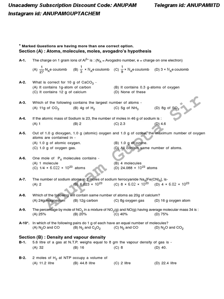 Chemistry Practice Questions and Answers | PDF | Mole (Unit) | Mass Concentration (Chemistry)