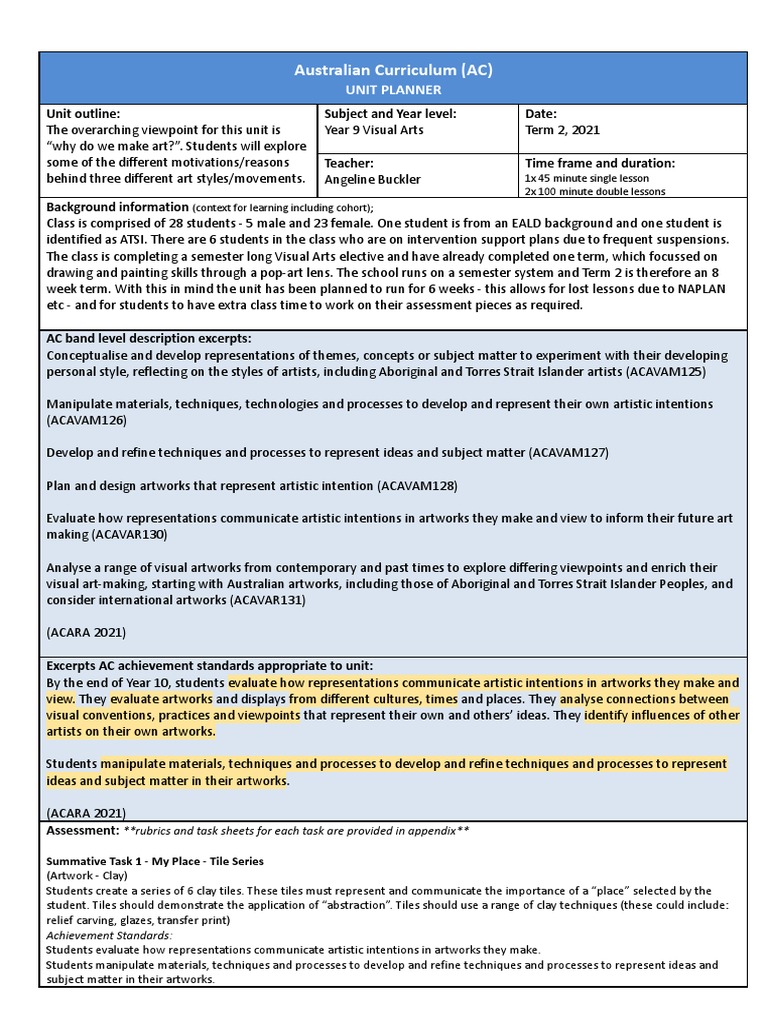 Visual Arts Unit PDF Educational Assessment Educational Technology