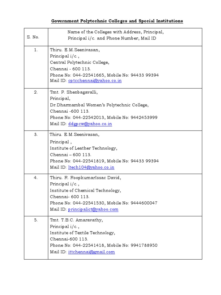 PRINCIPAL LIST - ENGLISH - Polytechnic Colleges August 2021 | PDF ...