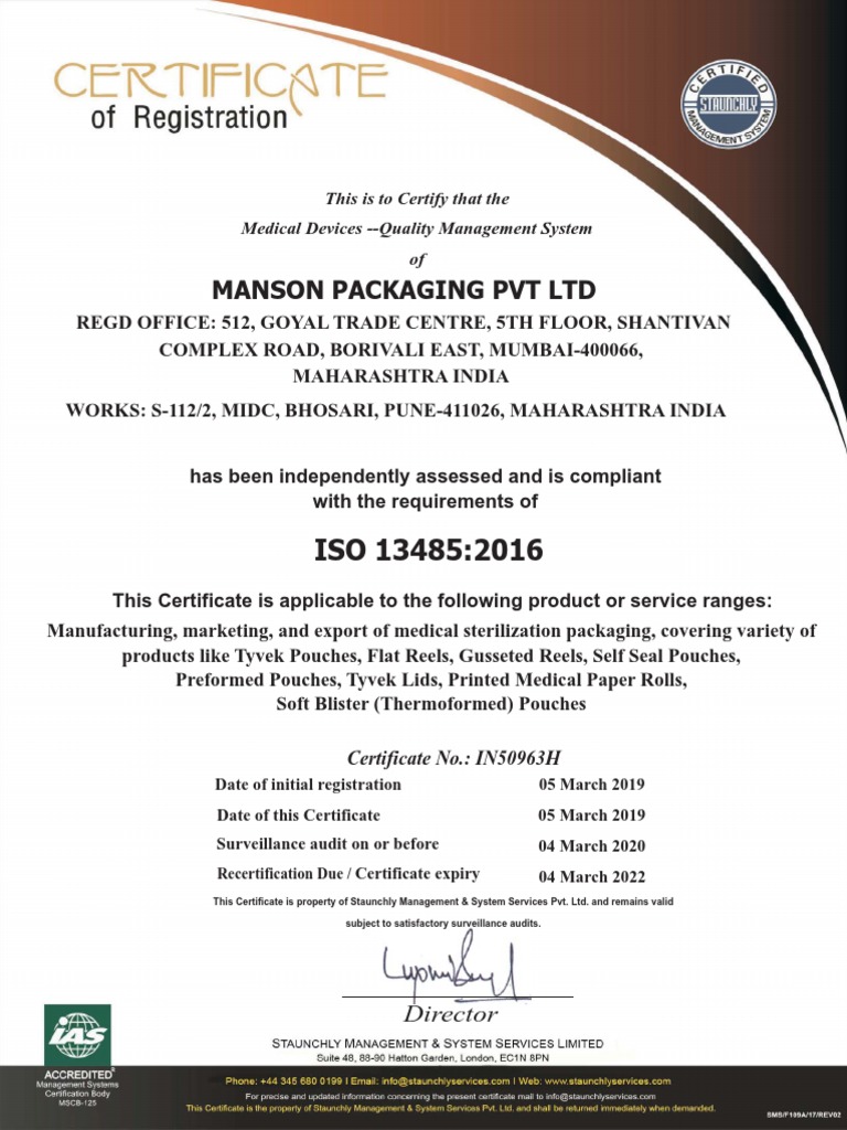 ISO 13485 Certificate - Manson Packaging | PDF