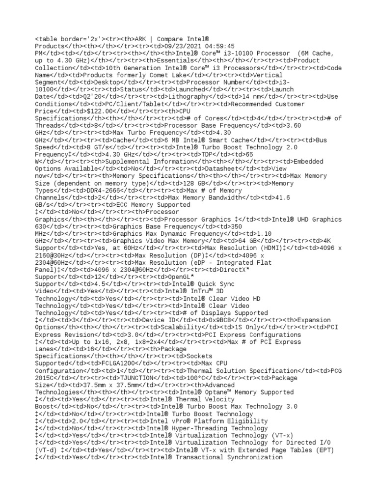 INTEL PRODUCT SPECIFICATIONS ARK visual data 2