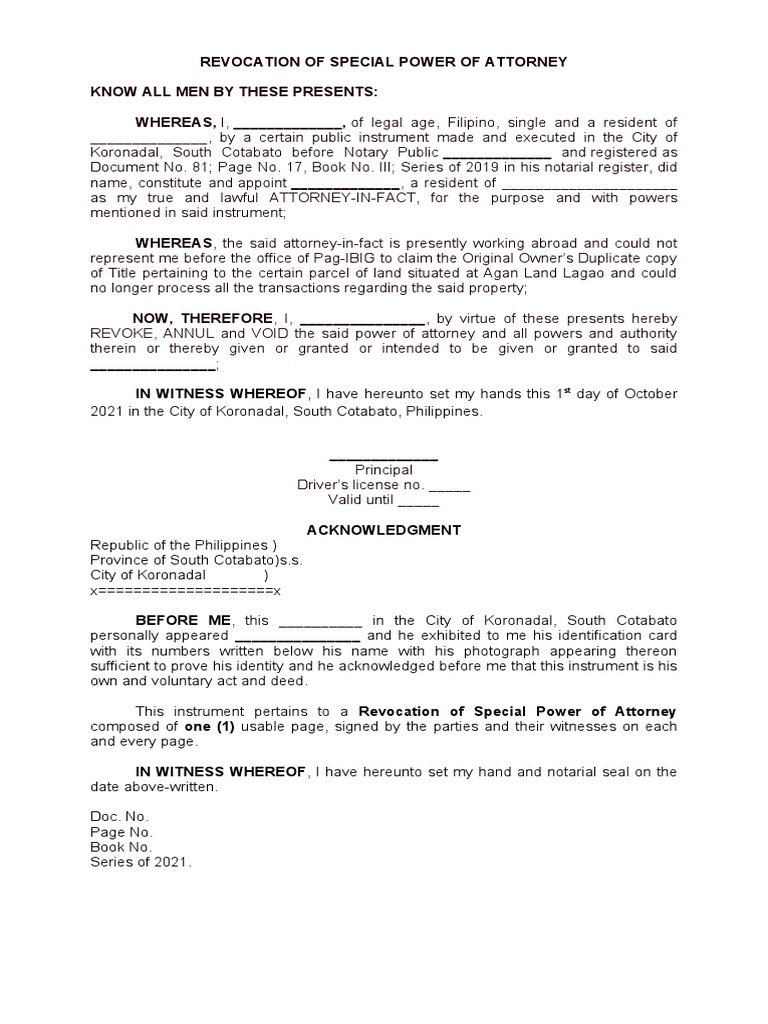 REVOCATION OF SPECIAL POWER OF ATTORNEY Blank | PDF | Social Science | Law