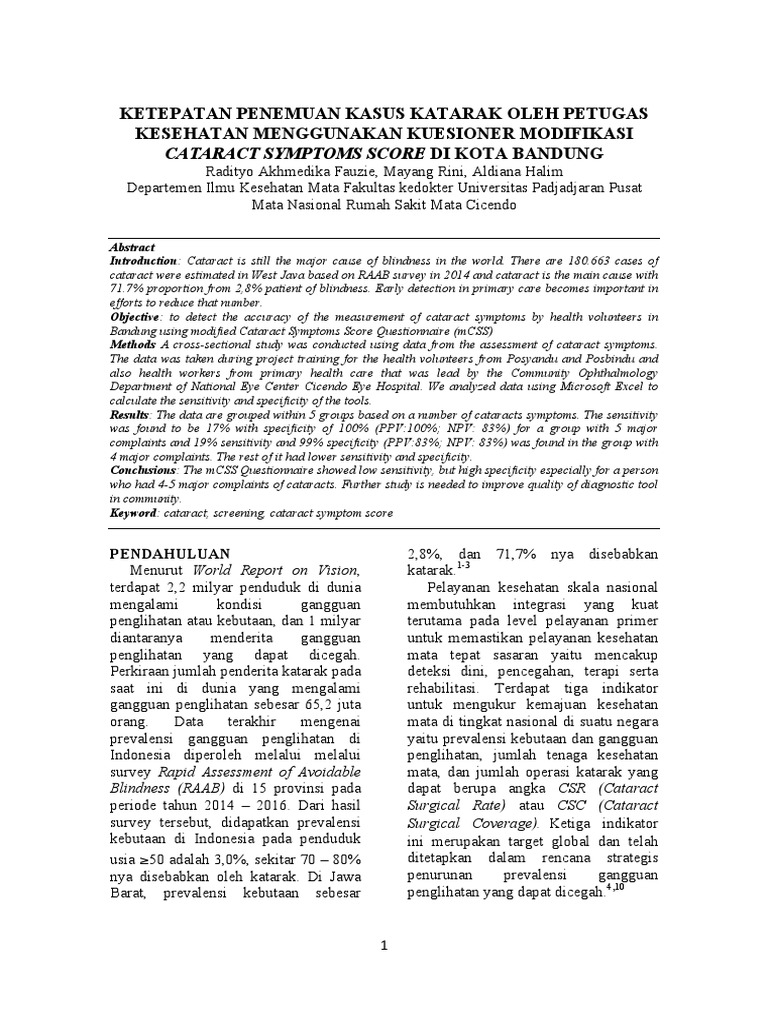 Cataract Symptoms Score Di Kota Bandung PDF Sensitivity And