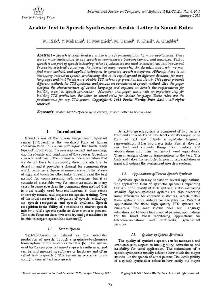 Arabic Text To Speech Synthesizer PDF Speech Synthesis Arabic