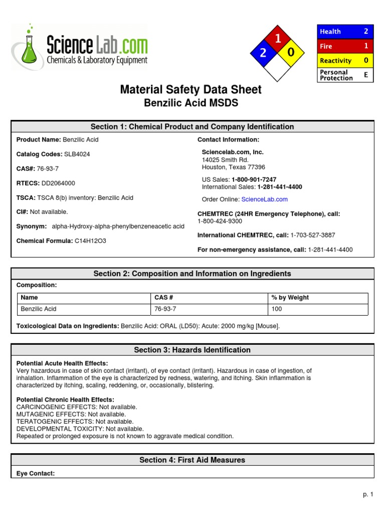 Material Safety Data Sheet Benzilic Acid MSDS PDF Toxicity