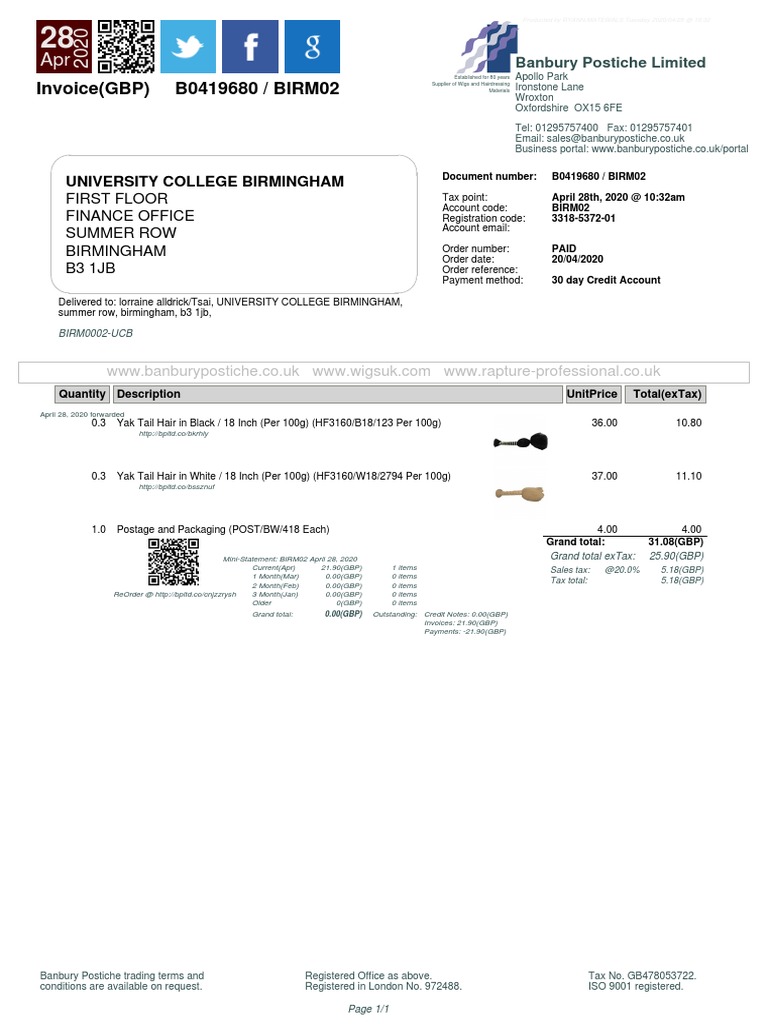 Invoice (GBP) B0419680 / BIRM02 University College Birmingham PDF