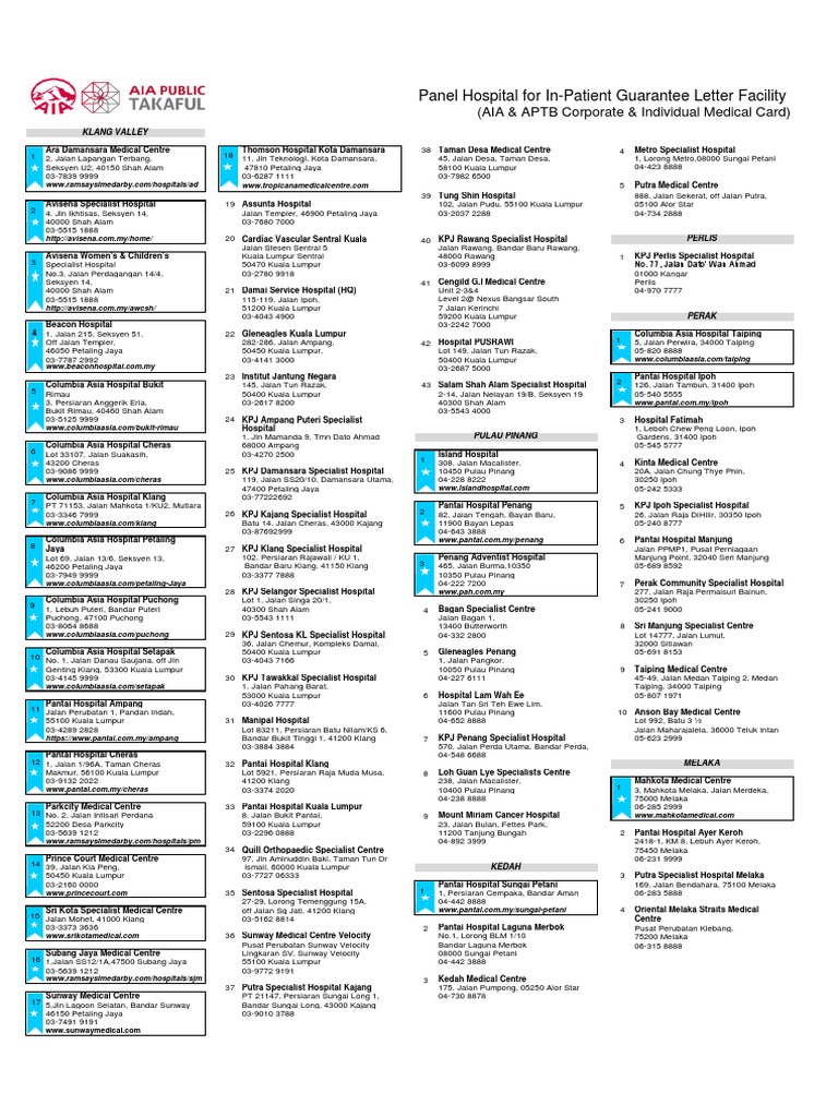 Panel Hospital For In-Patient Guarantee Letter Facility: (AIA & APTB  Corporate & Individual Medical Card) | PDF | Malaysia