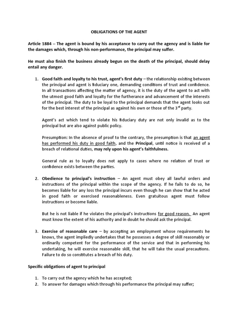 Duties and Obligations of an Agent | PDF | Law Of Agency | Legal Liability