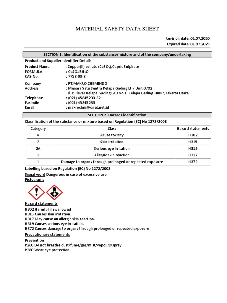 Copper Sulphate MSDS PDF Toxicity Personal Protective Equipment