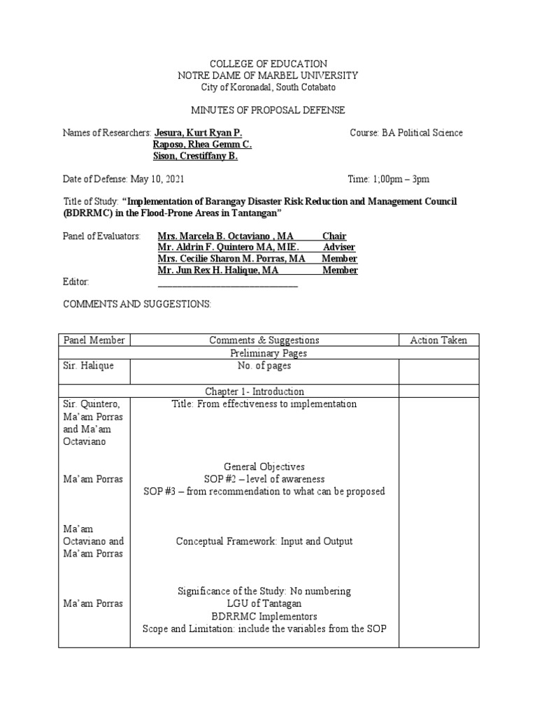 Proposal Defense Minutes: BDRRMC Study | PDF | Science