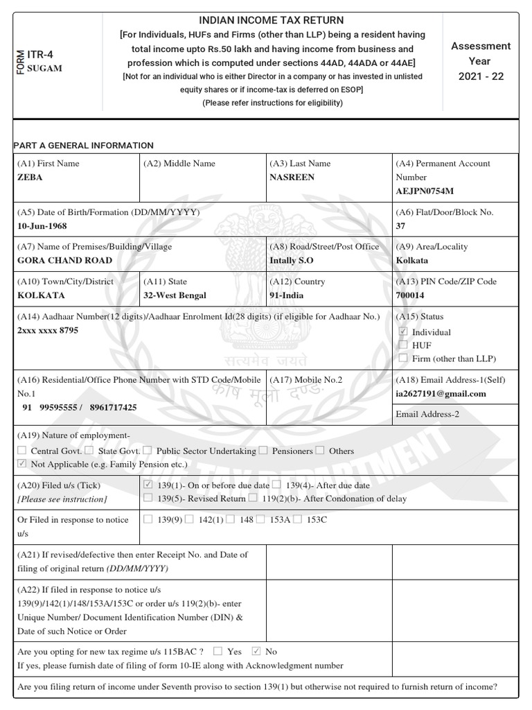 Indian Tax Return Assessment Year 2021 22 Sugam PDF Tax