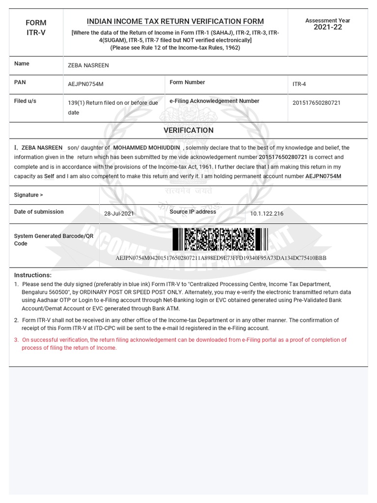 Form ItrV Indian Tax Return Verification Form 202122 PDF Taxation Payments
