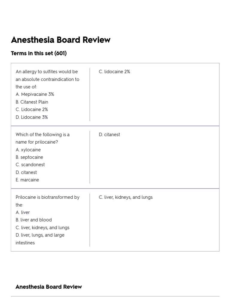 Anesthesia Board Review Flashcards Quizlet PDF Anesthesia