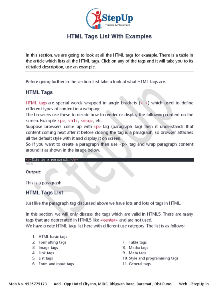 HTML Tags List With Examples | PDF | Html Element | Html