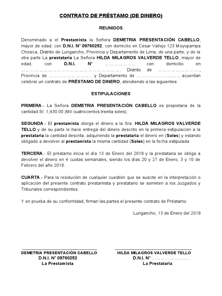 CONTRATO DE SIMPLE PRÉSTAMO de Dinero Soles | PDF | Préstamos | Derecho ...