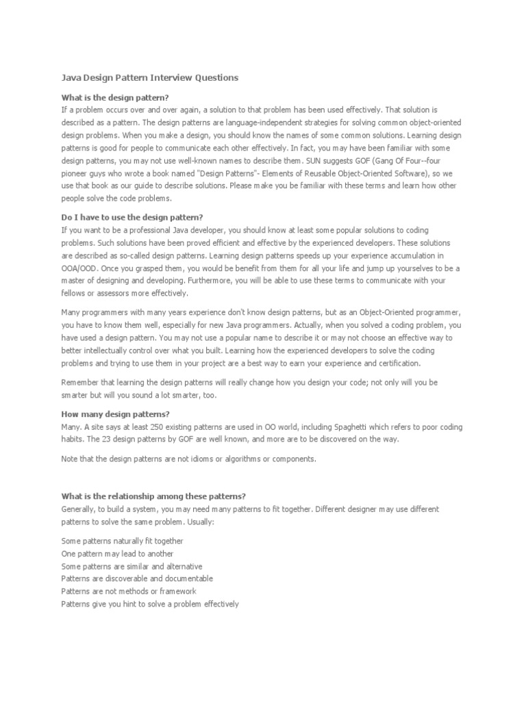 Java Design Pattern Interview Questions | PDF | Class (Computer ...