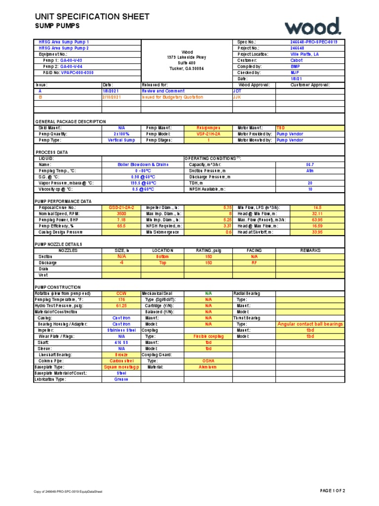 Sump Pump Specification Sheet | PDF | Pump | Bearing (Mechanical)