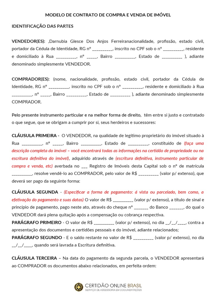 Contrato de compra e venda de imóvel residencial com detalhes sobre as ...