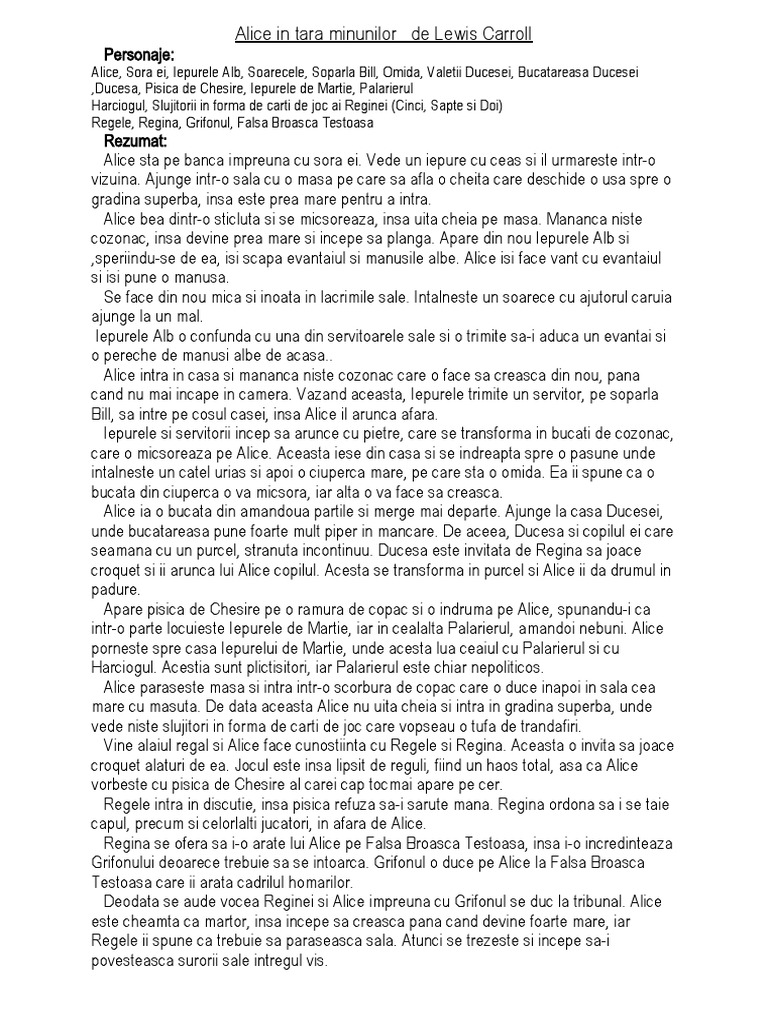 Rezumat Alice In Tara Minunilor Alice in Tara Minunilor Rezumat | PDF