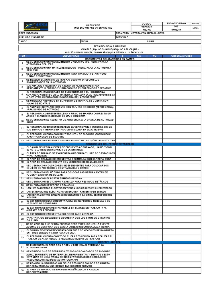 Checklist Operacional Pre-Operacional | PDF