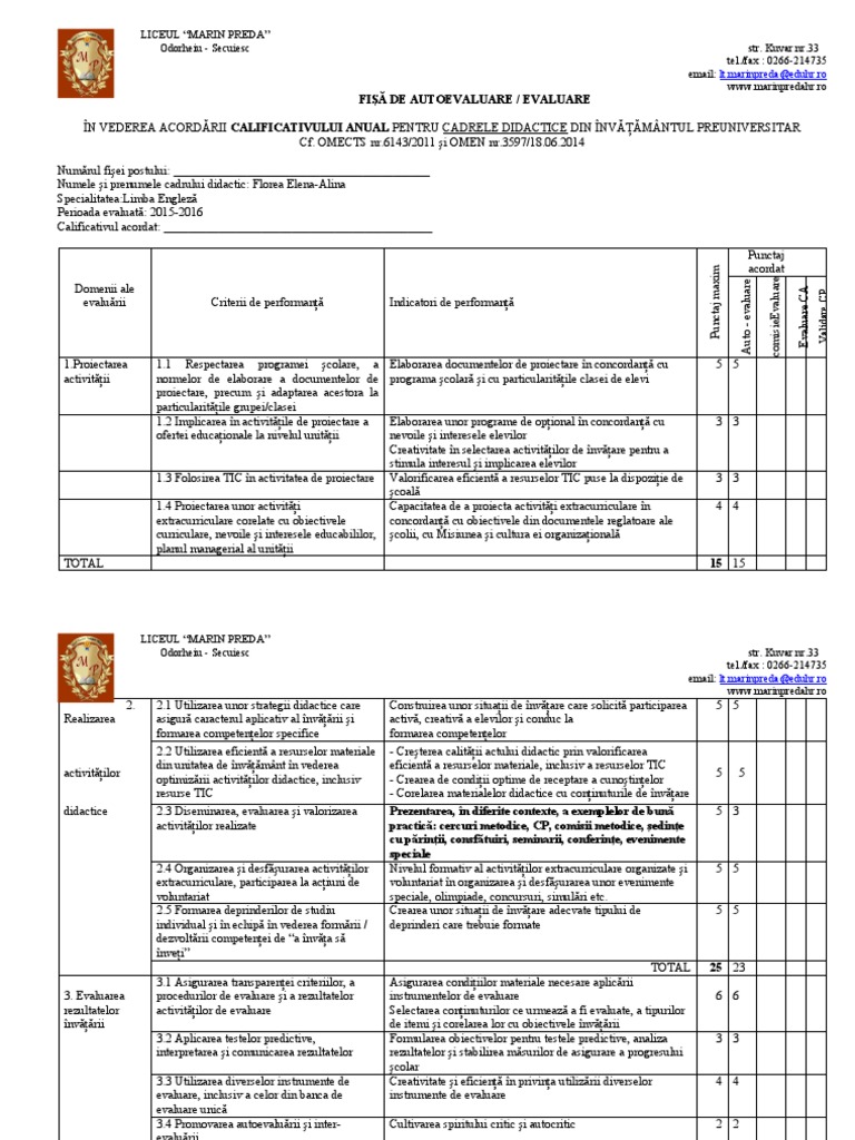 Fişă de Autoevaluare Evaluare Profesori | PDF