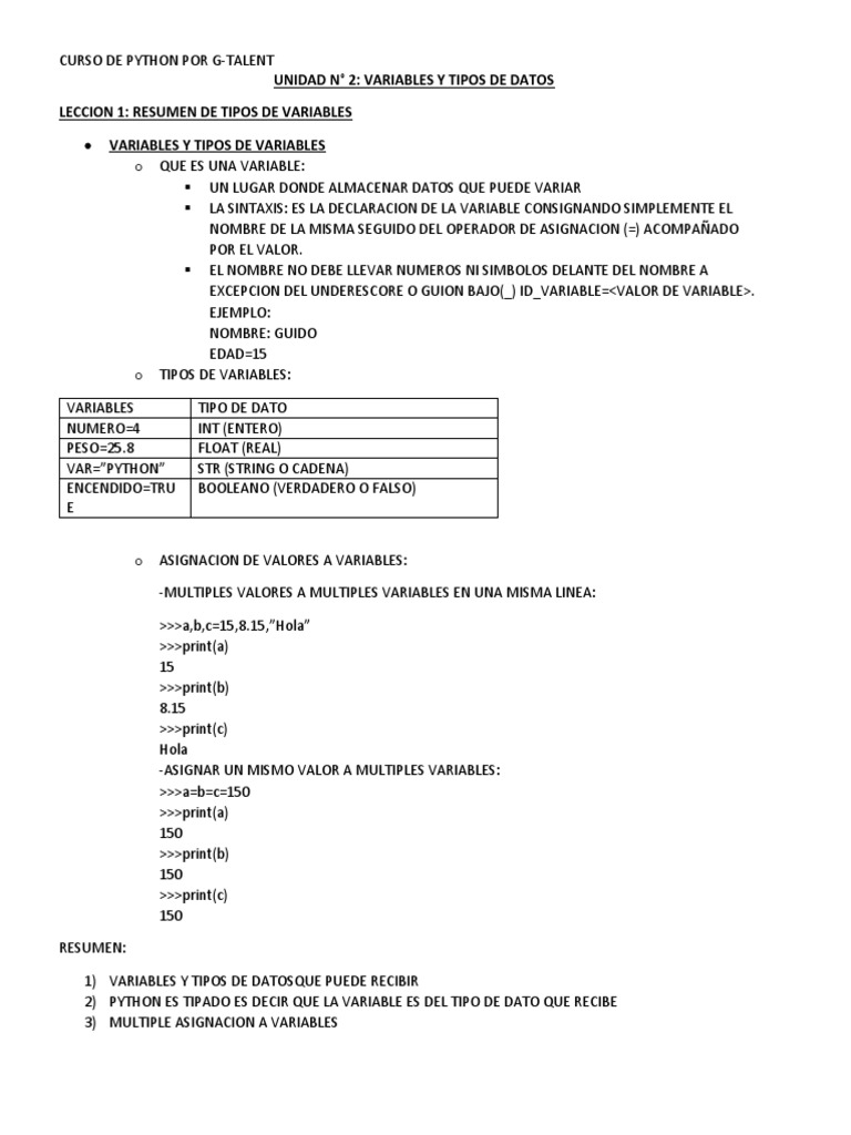 Curso de Python: Variables y Tipos de Datos | PDF | Python (lenguaje de ...