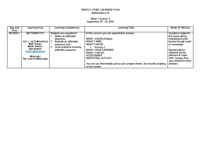Weekly Math Learning Plan: Grade 10 | PDF | Educational Psychology ...