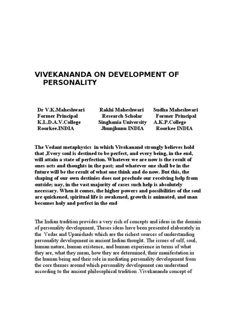 Vivekananda On Development Of Personality Pdf Swami Vivekananda Human