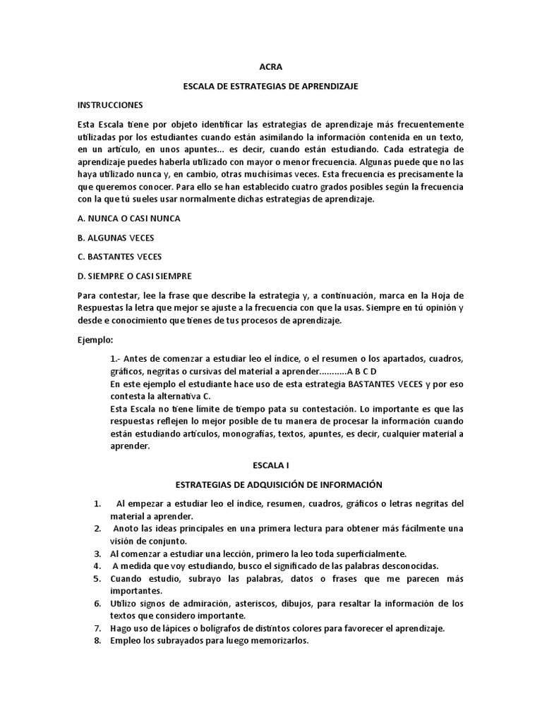 Estrategias de Aprendizaje ACRA | PDF | Memoria | Aprendizaje
