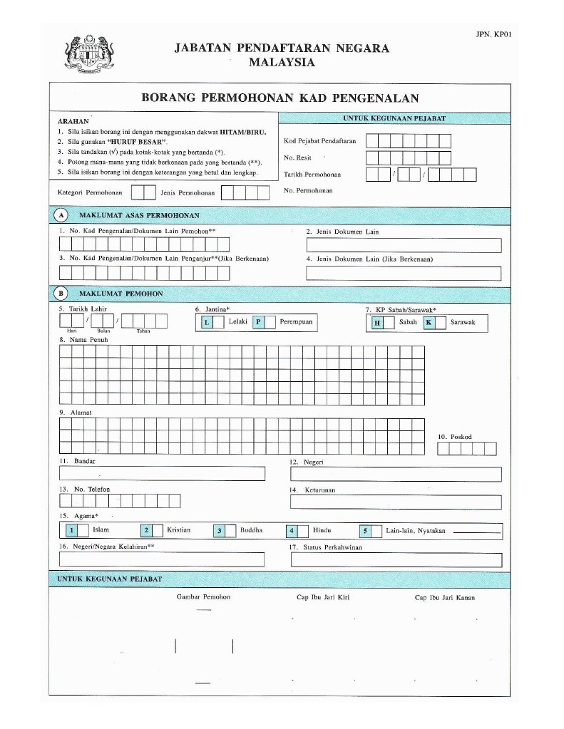 Jpnkp01 Borang Permohonan Kad Pengenalan Pdf