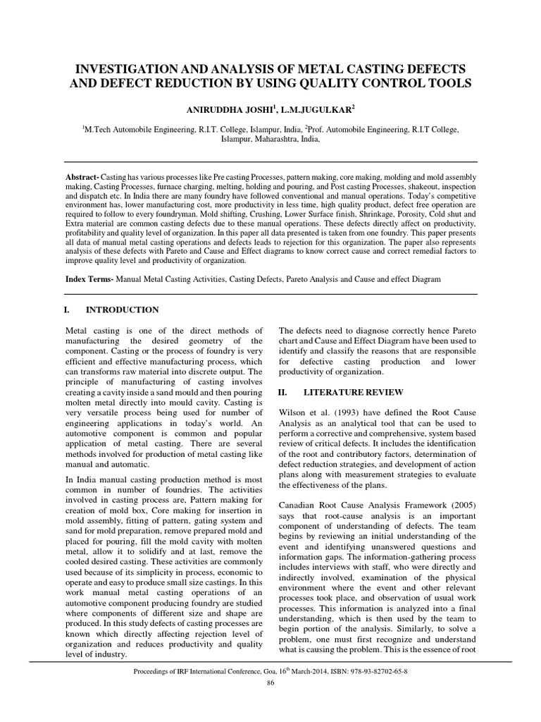 Investigation and Analysis of Metal Casting Defects and Defect ...