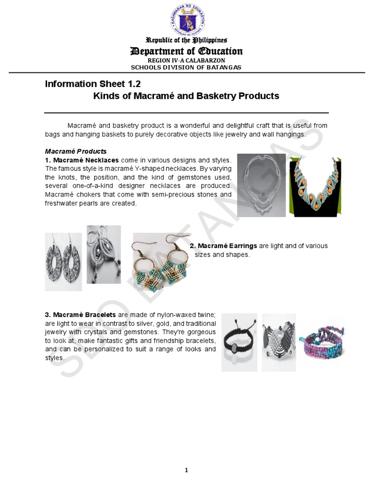 Information Sheet 1.2 LO2 MACRAME AND BASKETRY PDF Basket Weaving