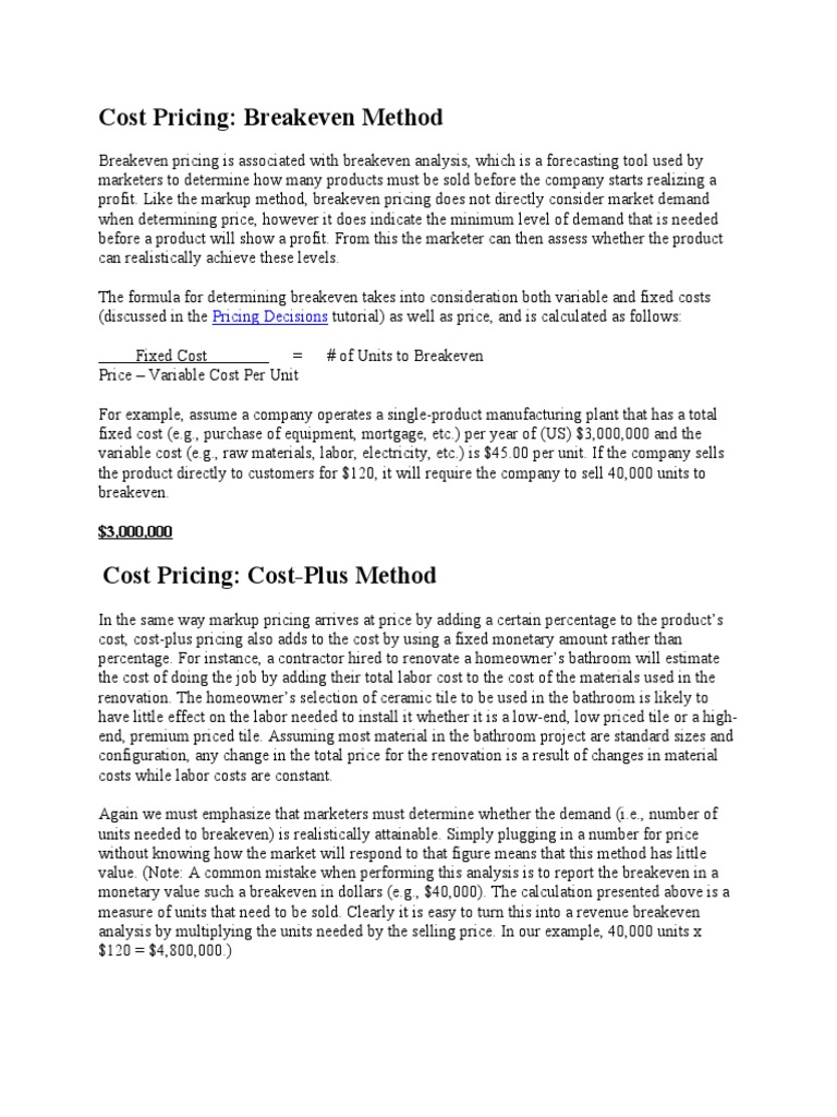 Breakeven Pricing and Cost Methods Explained | PDF | Pricing | Marketing